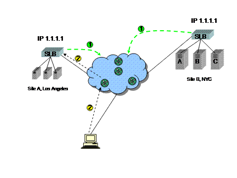 A diagram showing two sites, and a Global Server Load Balancer GSLB method commonly known as "BGP Host Route Injection HRI".
