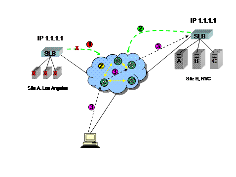 A diagram showing two sites, a Global Server Load Balancer GSLB method commonly known as "BGP Host Route Injection HRI", and BGP route convergence after a site failure.